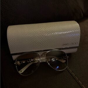 Jimmy Choo Silver Aviator Sunglasses with White Snakeskin Case